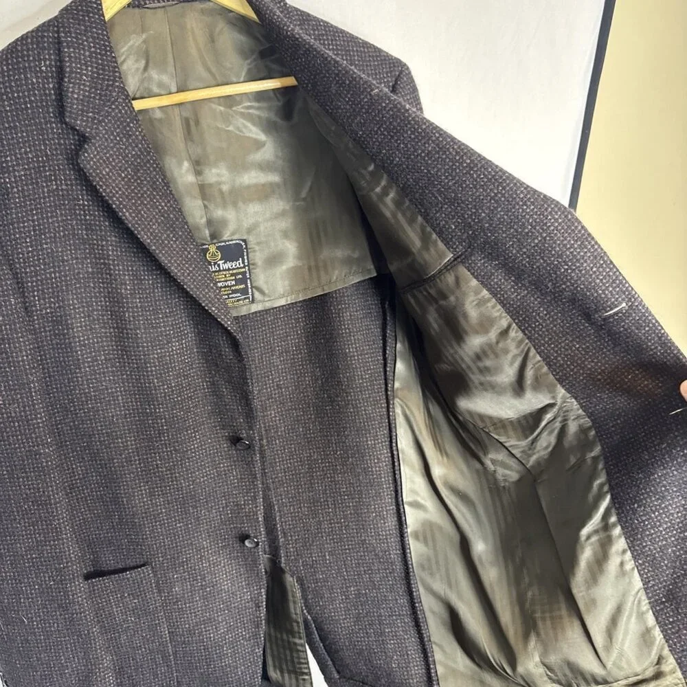 Harris Tweed Men 44 Reg Handwoven Sport Coat Brown Houndstooth 2 Button Wool 60s